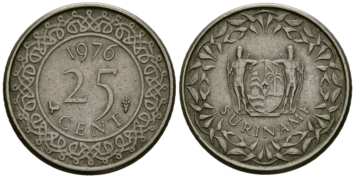 Суринам 25 центов 1976 KM 14 медно-никель 4167-1014