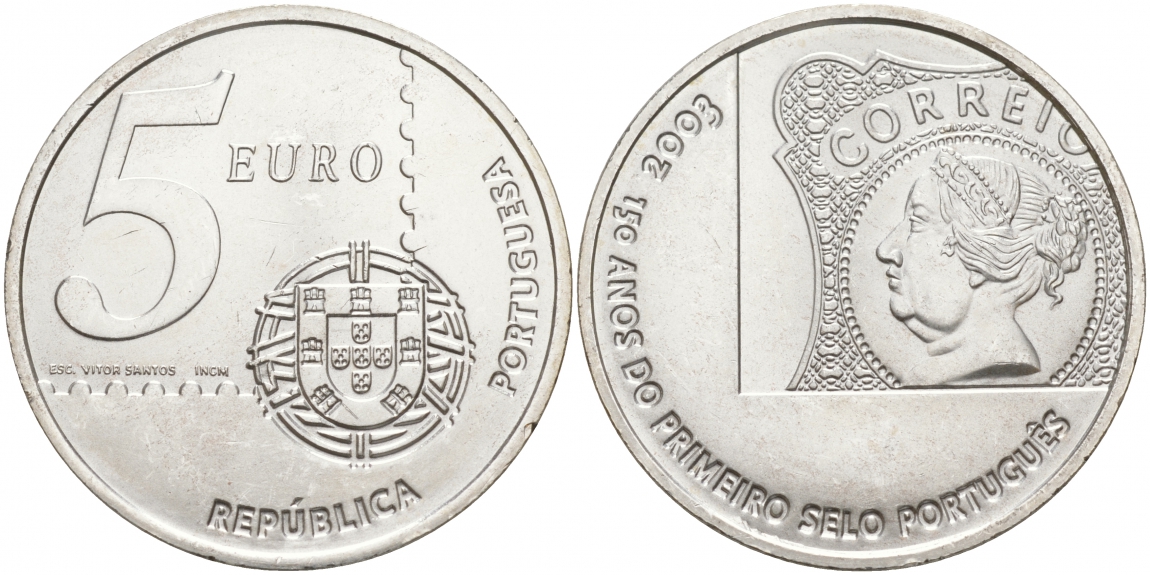 Португалия 5 евро 2003 150 летие первой Португальской марке KM 749 серебро UNC 1521-1315