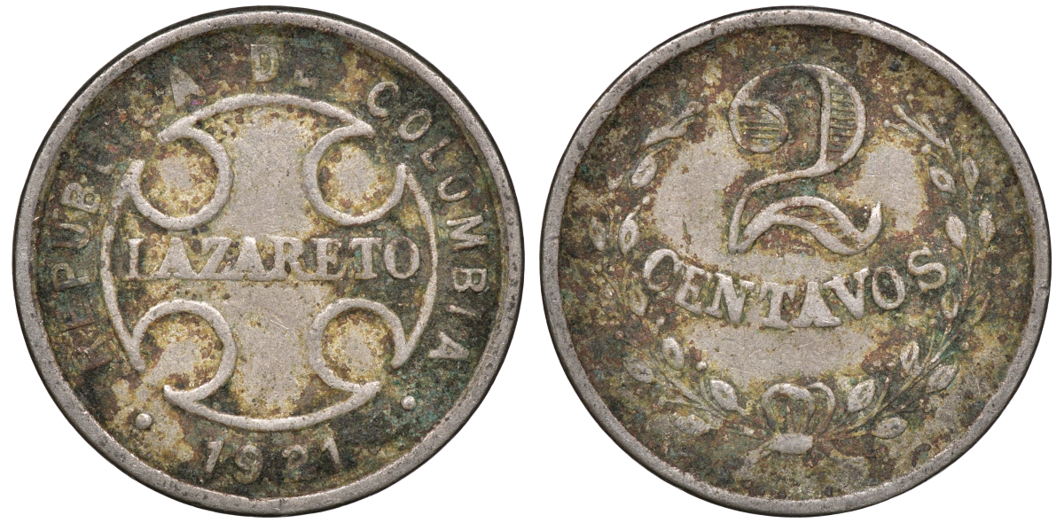 Колумбия 2 сентаво 1921 государственный лепрозорий KM L10 медно-никель 53-1014
