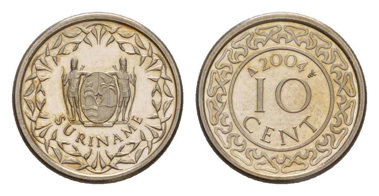 Суринам 10 центов 2004 тираж 4000 экземпляров KM 13a медно-никель BU 4649-1015
