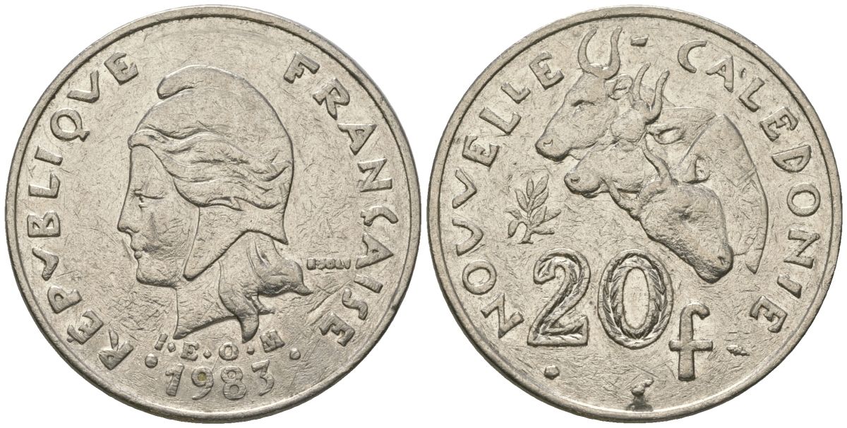 Французская Новая Каледония 20 франков 1983 три быка, (IEOM) KM 12, Schoen 14, Lec 111 никель 4680-212