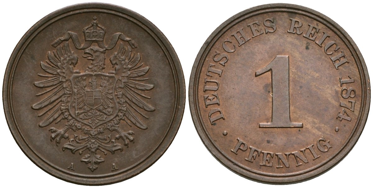 Германия 1 пфенниг 1874 A, Вильгельм I (1871-1888) KM 1, J. 1 медь aUNC 1525-231