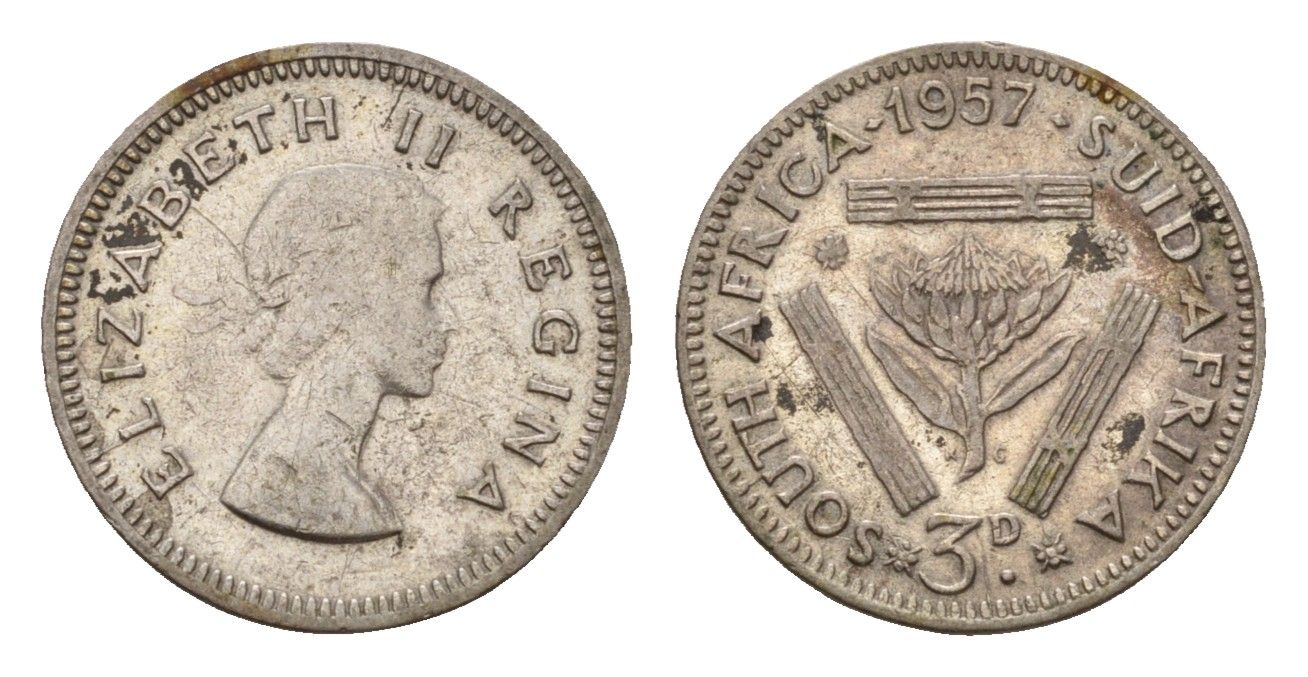 ЮАР 3 пенса 1957 Елизавета II (1952-2022) KM 47 серебро 4547-748