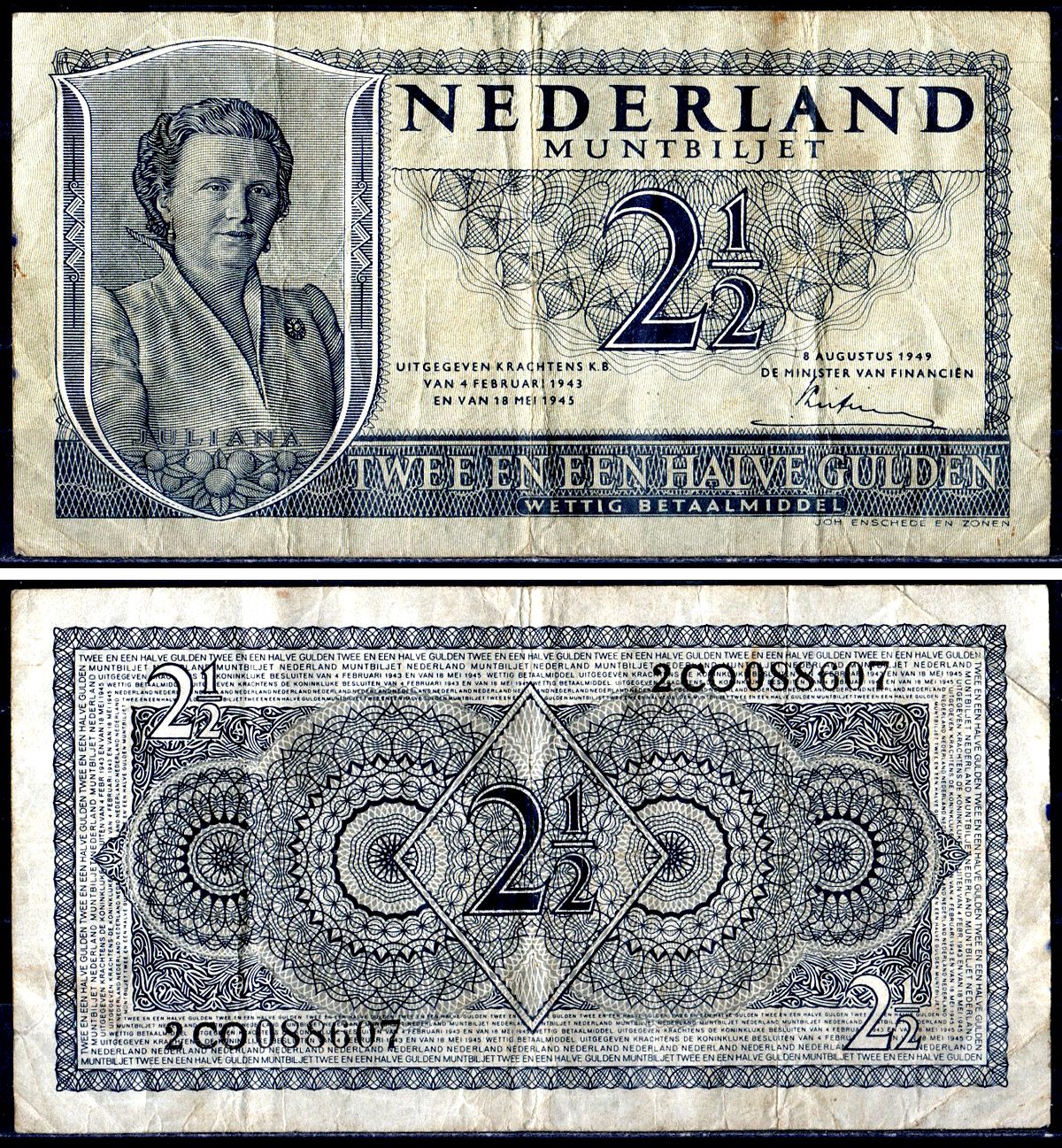 Нидерланды 2 1/2 гульдена 1949 Pick 73 бумага 7551-9-1-2