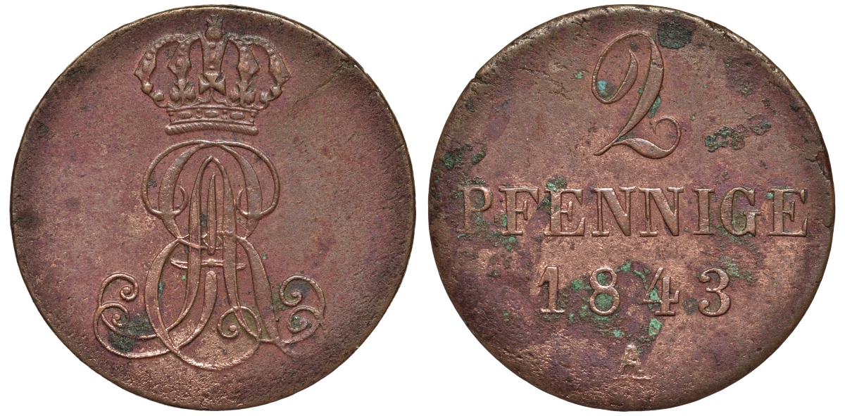 Ганновер 2 пфеннига 1843 A, Эрнст Август (1837-1851) KM 174.1, AKS 122, J. 55 медь 75-1744