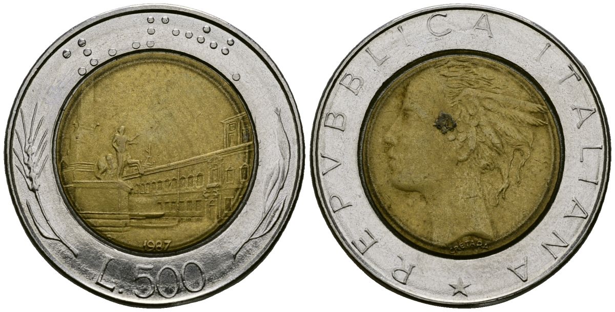 Италия 500 лир 1987 R, Квиринальский дворец в Риме KM 111 биметалл 4138-642