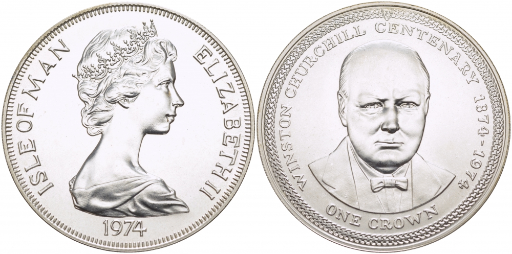 Остров Мэн 1 крона 1974 100 лет со дня рождения Уинстона Черчилля КМ 30a серебро UNC 1081-3-41