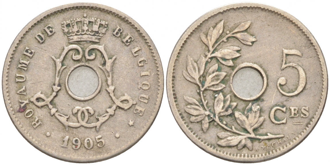 БЕЛЬГИЯ 5 САНТИМОВ 1905 BELGIQUE KM 54 медно-никель 4549-1011