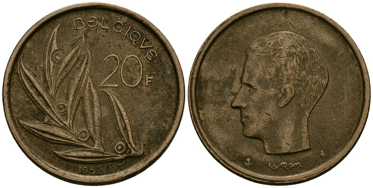 Бельгия 20 франков 1982 KM 159 никель бронза 4575-213