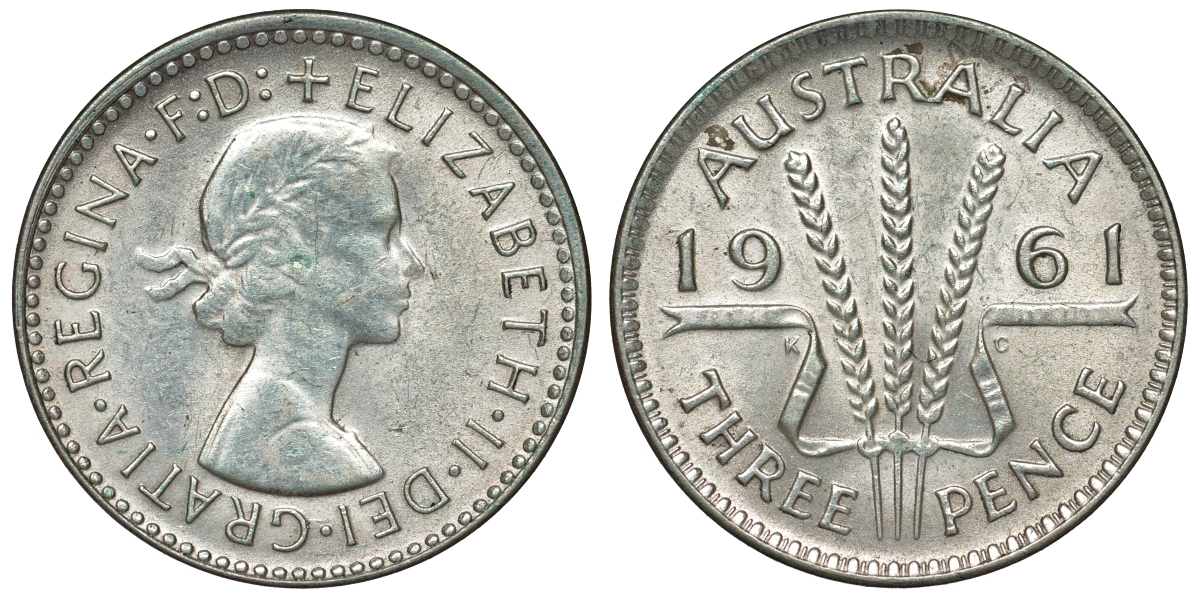 Австралия 3 пенса 1961 m, Елизавета II (1952-2022) KM 57 серебро 71-747