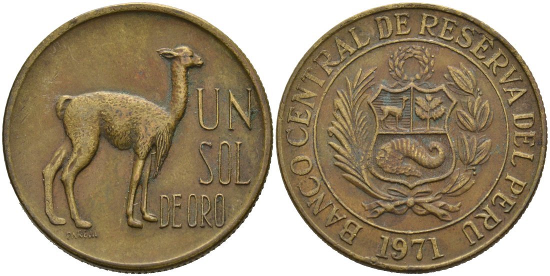 Перу 1 соль 1971 KM 248 латунь 4565-522