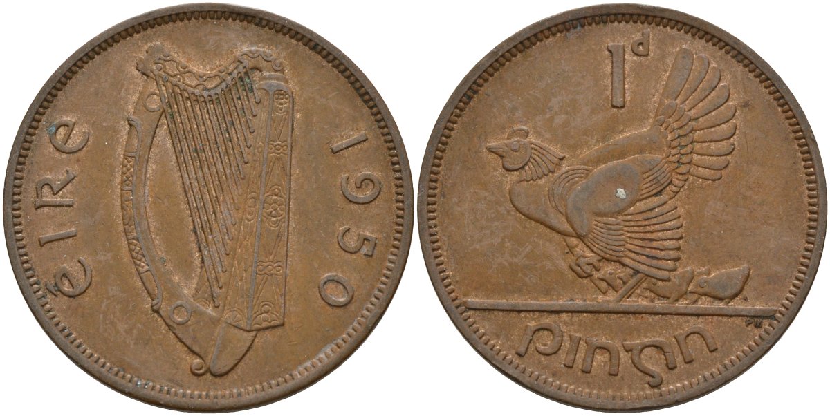 Ирландия 1 пенни 1950 курица с цыплятами KM 11 бронза 4144-1145
