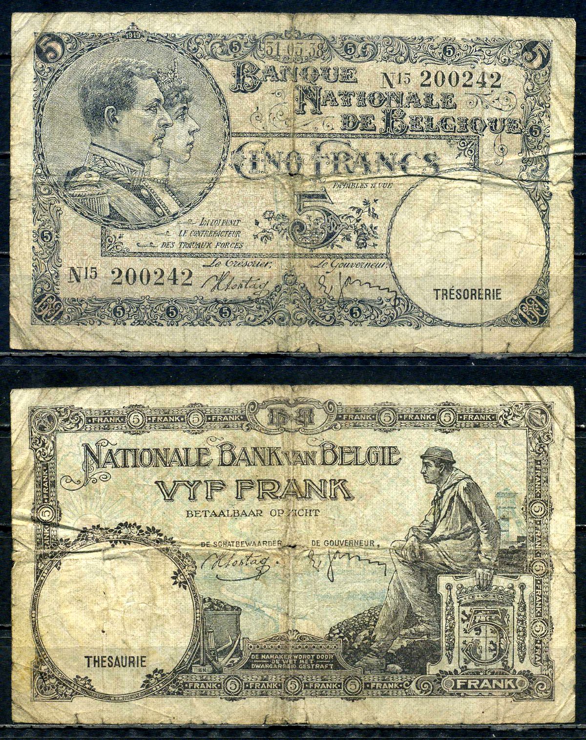 Бельгия 5 франков 1938 31.03.1938, Король Альберт I и его жена Королева Елизавета, Гран-Плас / Гроте Маркт, Брюссель Pick 108 a бумага 6301-18-3-2