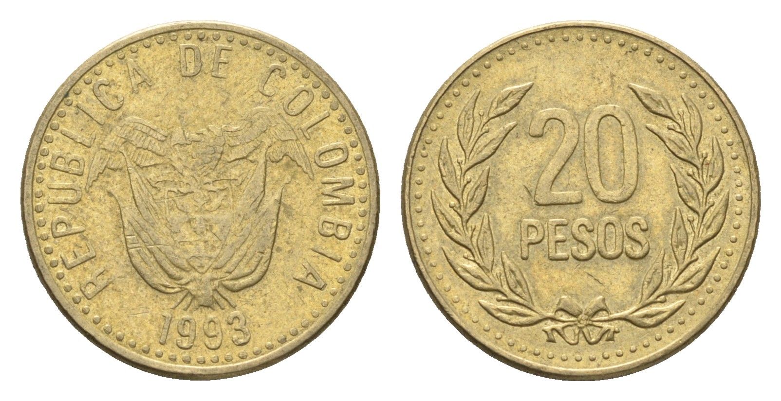 Колумбия 20 песо 1993 KM 282 алюминиевая бронза 4664-465