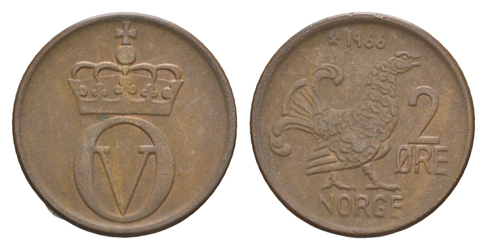 Норвегия 2 эре 1966 глухарь, Улаф V (1958-1991) KM 410 бронза 4649-569