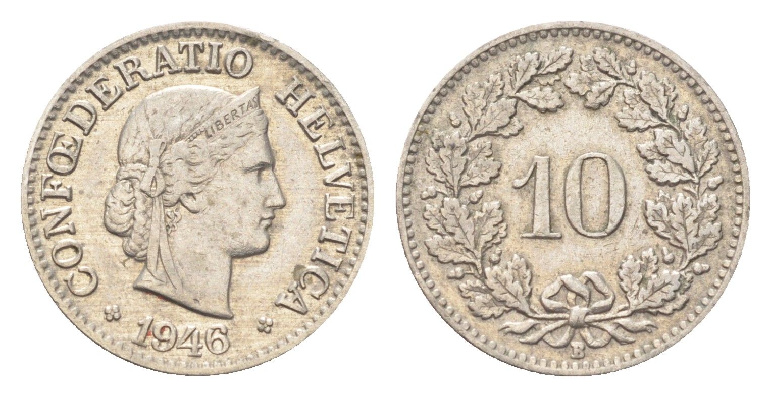 Швейцария 10 раппенов 1946 B KM 27 медно-никель 4708-161