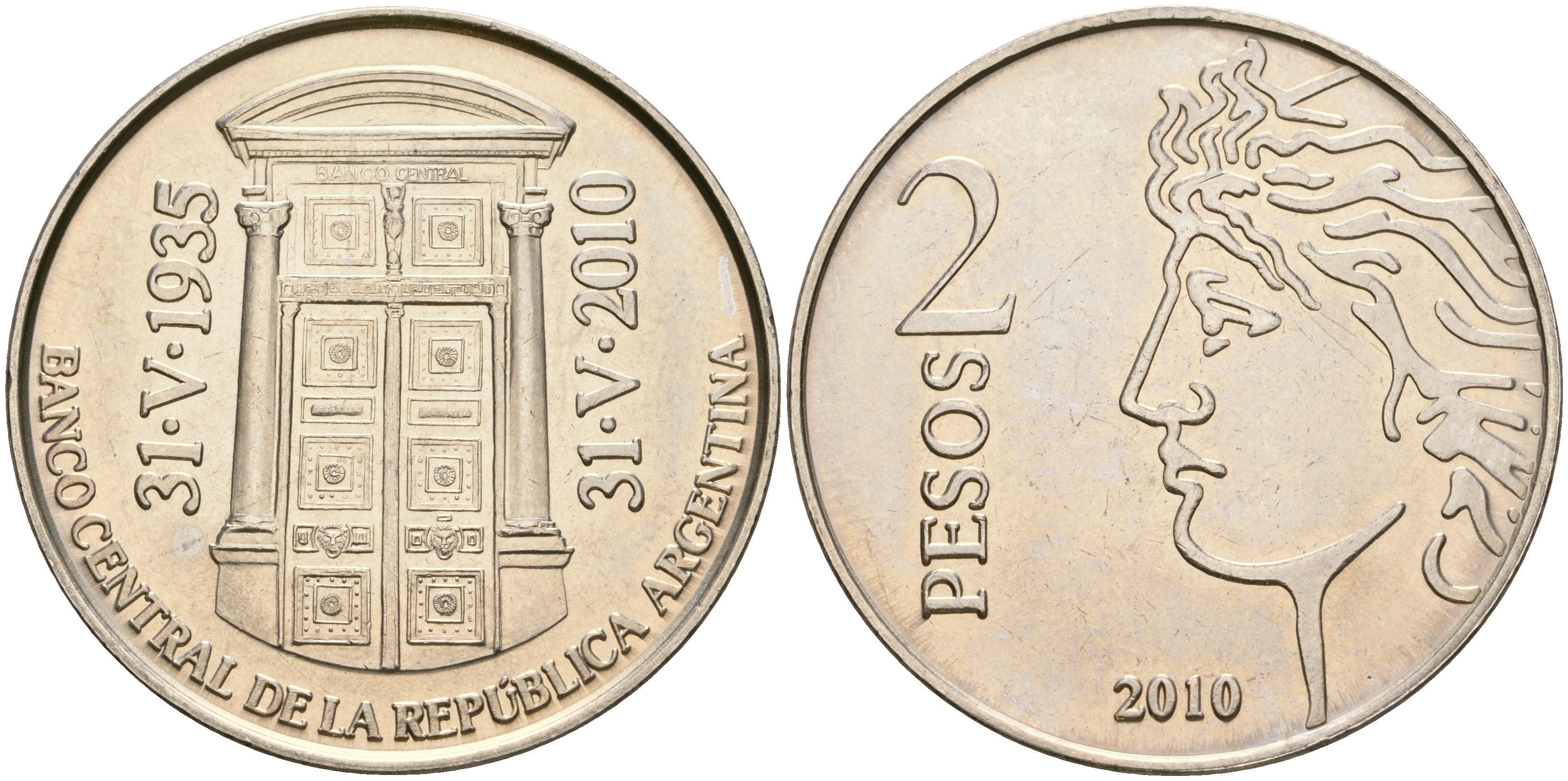 Аргентина 2 песо 2010 75 лет Центральному Банку KM 162 медно-никель UNC 4607-624