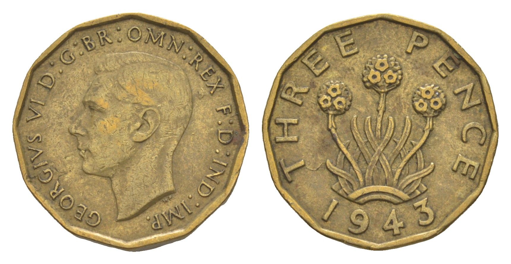 Великобритания 3 пенса 1943 Георг VI (1936-1952) KM 849, Spink 4112 никель латунь 4643-846