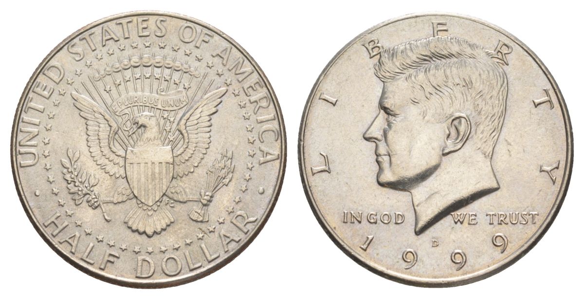 США 1/2 доллара (50 центов) 1999 D, Джон Кеннеди KM A202b медь плакированная медно-никелем aUNC 4517-232