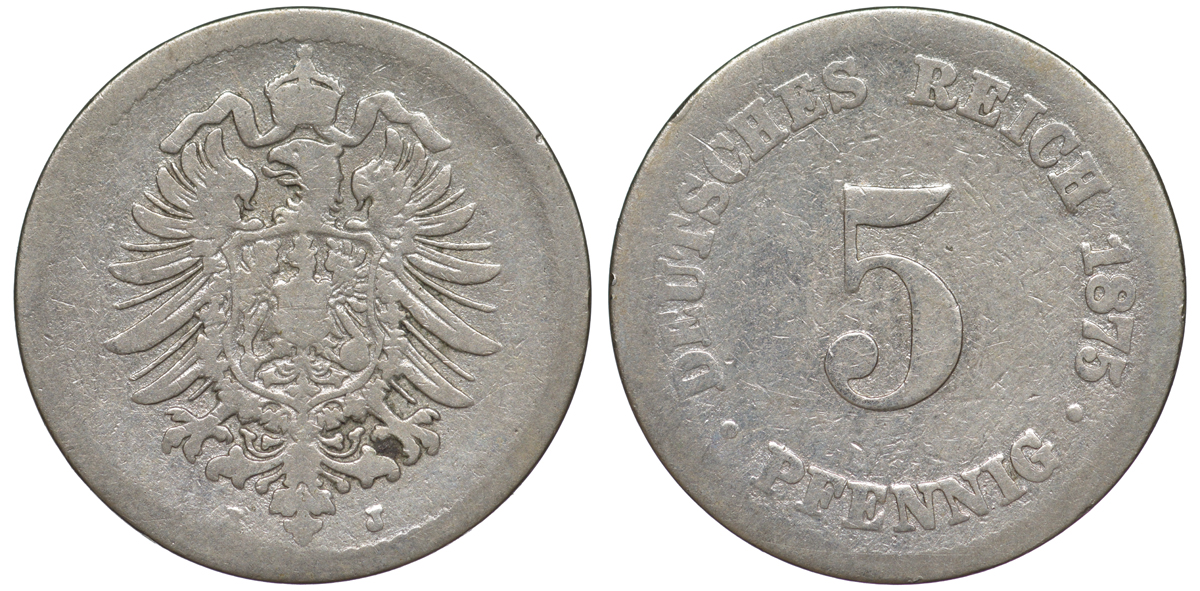 ГЕРМАНИЯ 5 ПФЕННИГОВ 1875 J, СТАРОГЕРБОВКА KM 3, J.3 медно-никель 45-429