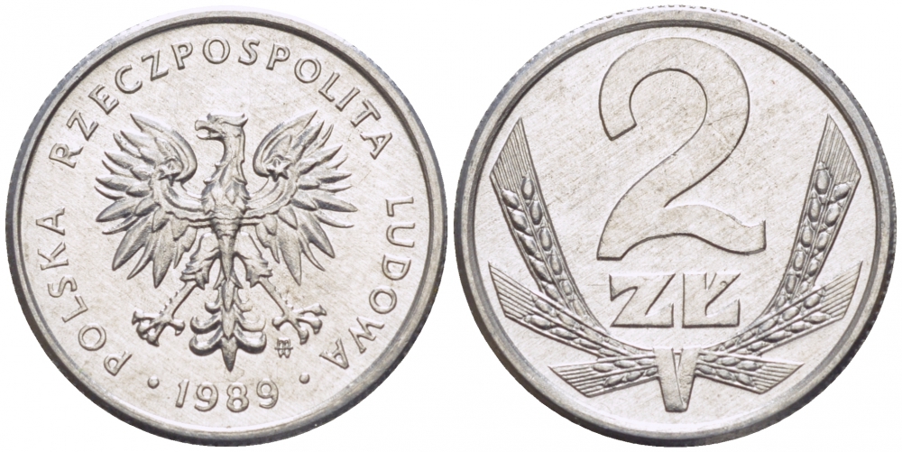 Польша 2 злотых 1989 MW, Народная Республика KM 80.3, Parchimowicz 219a алюминий 4516-1146