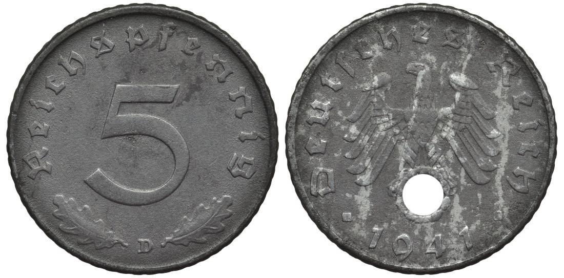 ГЕРМАНИЯ 5 РЕЙХСПФЕННИГОВ 1941 D KM 100, Jager 370 цинк 4547-712