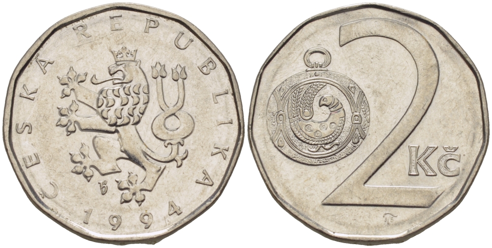 Чехия 2 кроны 1994 KM 9 сталь плакированная никелем 4391-1116