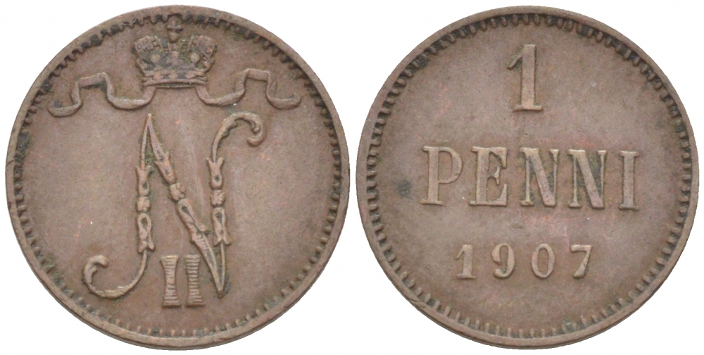 Россия для Финляндии 5 пенни 1907 Николай II (1894-1917) KM 15, Биткин 448 медь 4396-1325