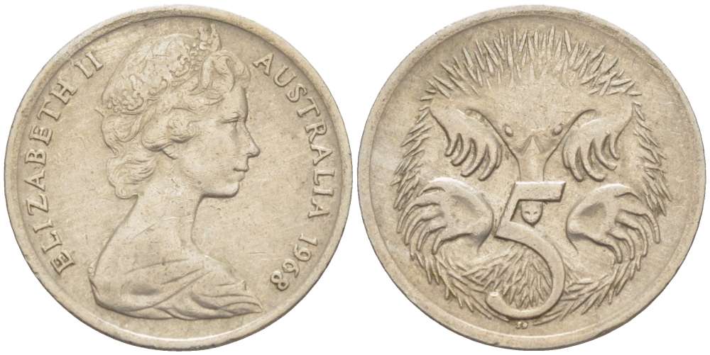 АВСТРАЛИЯ 5 ЦЕНТОВ 1968 ЕЛИЗАВЕТА II (1952-) МОЛОДОЙ ПОРТРЕТ, ЕХИДНА KM 64 медно-никель 4516-649