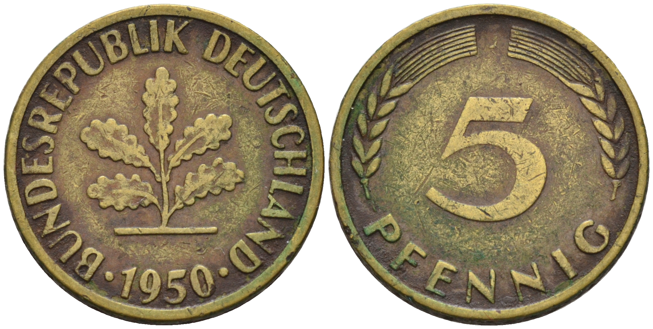 ФРГ 5 ПФЕННИГОВ 1950 J KM 107, J.382 сталь плакированная латунью 75-458