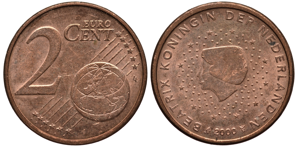 НИДЕРЛАНДЫ 2 ЕВРОЦЕНТА 2000 КОРОЛЕВА БЕАТРИКС KM 235 сталь плакированная медью 4181-429