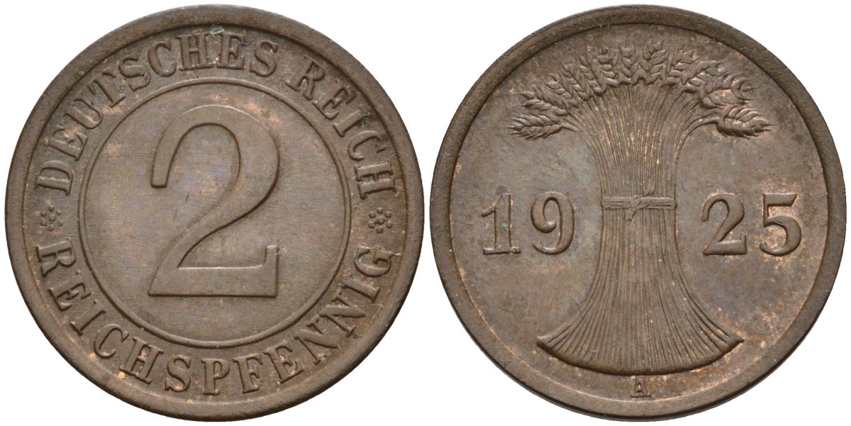 Германия 2 рейхспфеннига 1925 A KM 38, J.314, Weege 4 медь 4584-654