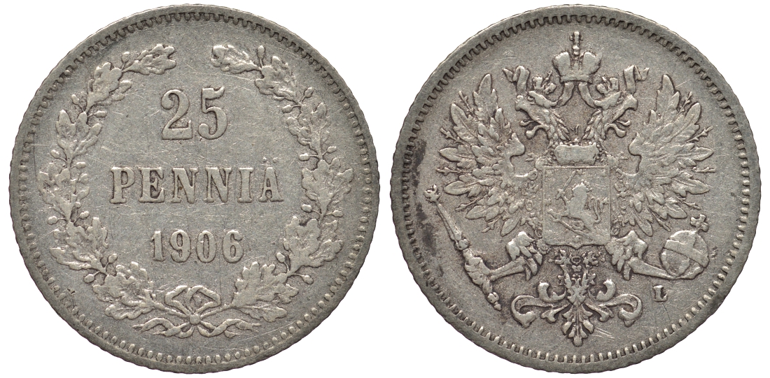 РОССИЯ ДЛЯ ФИНЛЯНДИИ 25 ПЕННИ 1906 L, НИКОЛАЙ II KM 6.2, Биткин 414 серебро 443-835