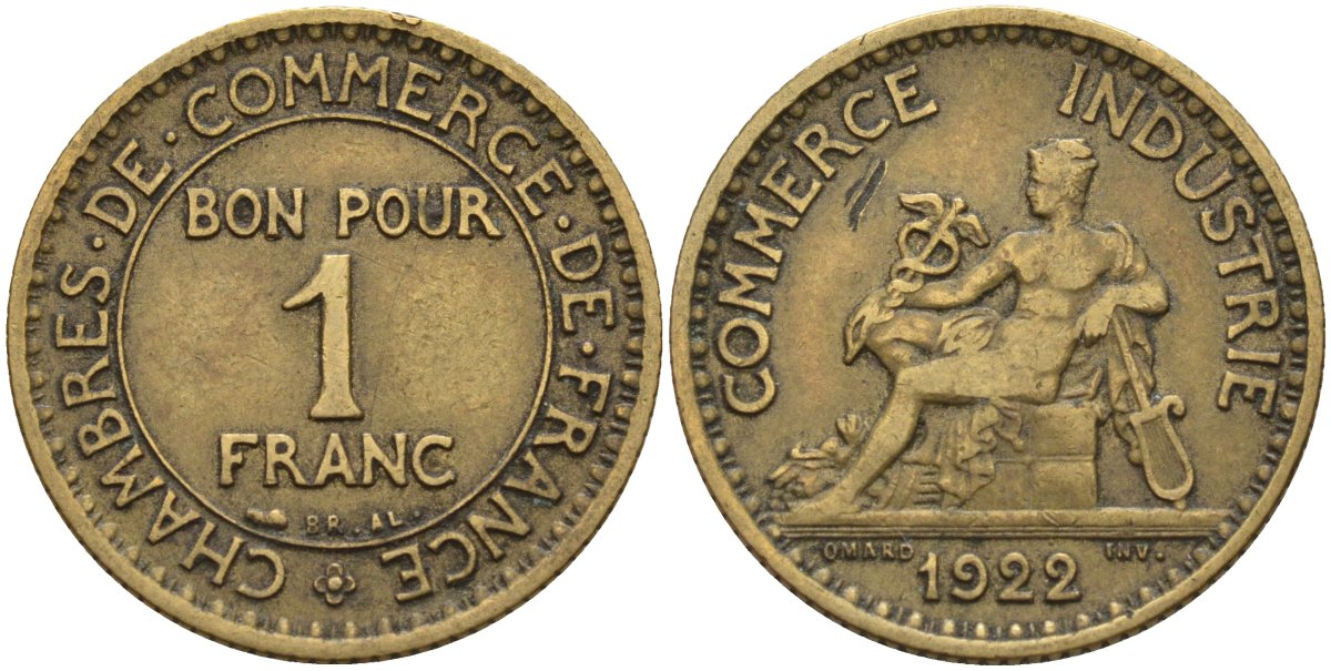 Франция 1 франк 1922 KM 876, Le Franc 218.5 алюминиевая бронза 4142-633