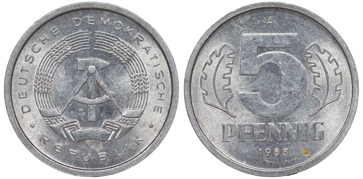 ГДР 5 ПФЕННИГОВ 1983 A КМ 9.2 алюминий 62-511