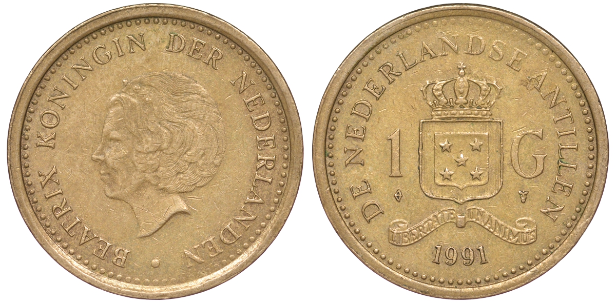Нидерландские Антилы 1 гульден 1991 Беатрикс (1980-2013) KM 37 позолоченная сталь 25-2015