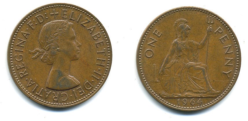 Великобритания 1 пенни 1964 Елизавета II (1952-2022) KM 897, Spink 4157 бронза 4110-341