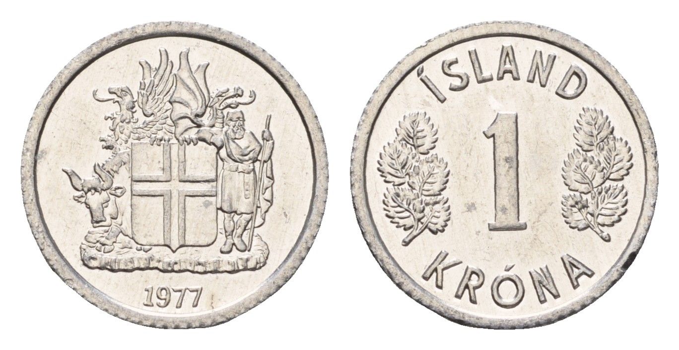 Исландия 1 крона 1977 KM 23 алюминий UNC 4687-812
