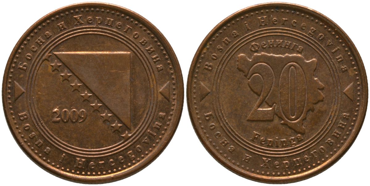Босния и Герцеговина 20 фенингов 2009 KM 116 сталь плакированная медью 4551-923