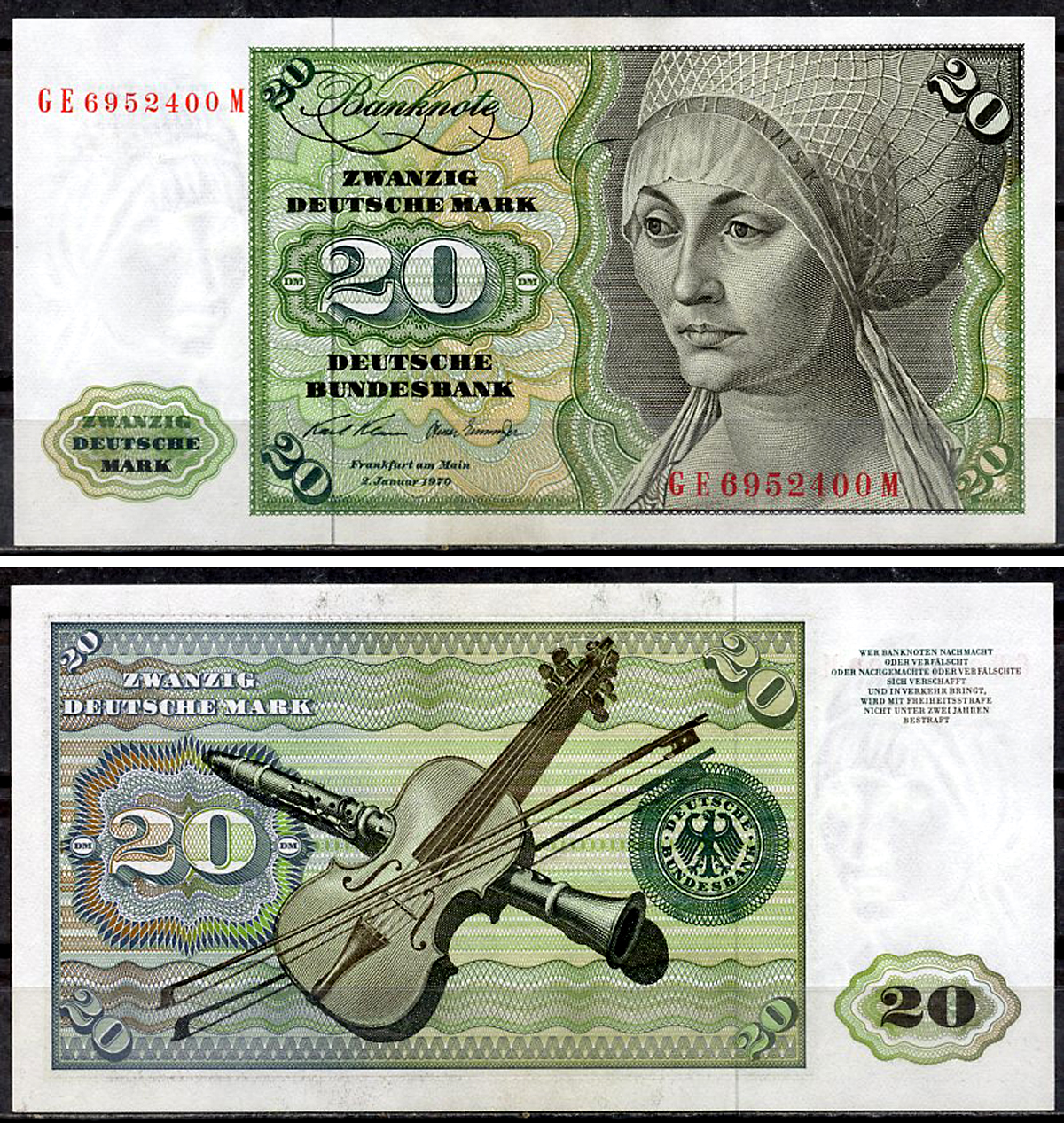 ФРГ 20 марок 1970 Эльсбет Тухер (Альбрехт Дюрер), скрипка, кларнет, буквы серии больше цифр Pick 32 a (2)  бумага  aUNC 451-918-1