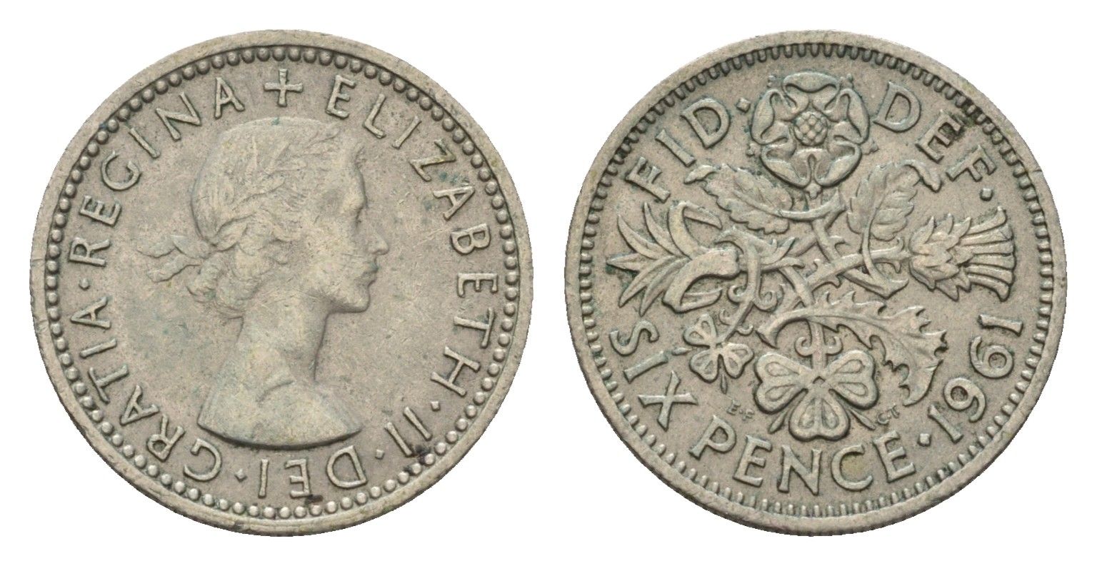 Великобритания 6 пенсов 1961 Елизавета II (1952-2022) KM 903, Spink 4149 медно-никель 100-844
