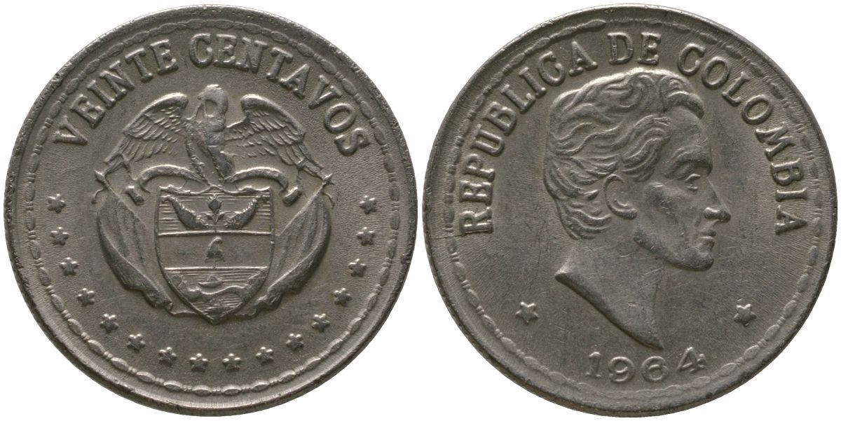 Колумбия 20 сентаво 1964 KM 215.2 медно-никель 4529-646