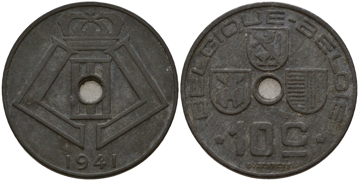 Бельгия 10 сантимов 1941 Belgique - Belgie, Леопольд III (1934-1947), германская оккупация, Вторая мировая война KM 125 цинк 4161-315