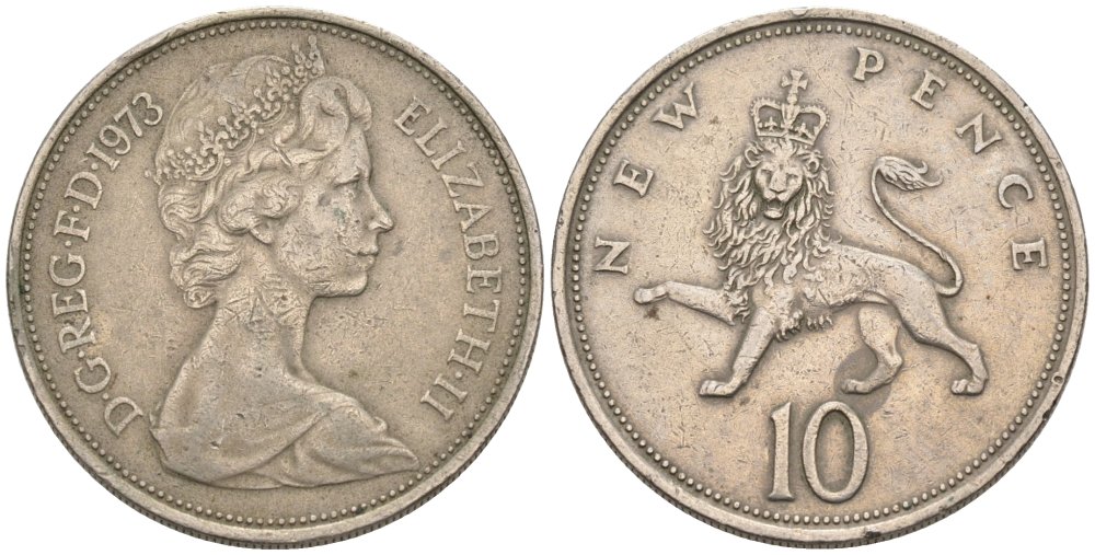 Великобритания 10 пенсов 1973 Елизавета II (1952-2022) KM 912, Spink 4231 (F1) медно-никель 81-126