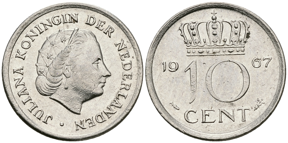 НИДЕРЛАНДЫ 10 ЦЕНТОВ 1967 ЮЛИАНА KM 182 никель 96-421