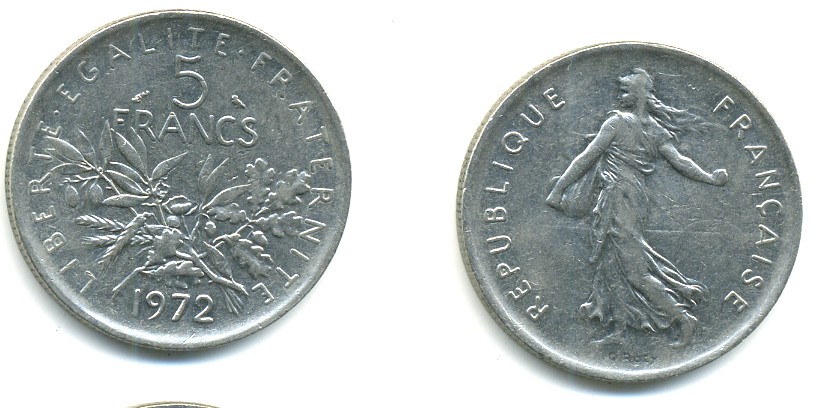 ФРАНЦИЯ 5 ФРАНКОВ 1972 СЕЯТЕЛЬ KM 926a.1, LE FRANC 341.4 медно-никель плакированный никелем 57-1032
