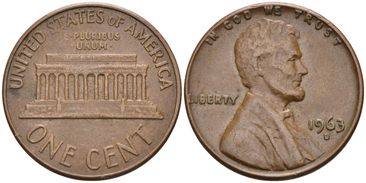 США 1 цент 1963 D, Линкольн KM 201 медь цинк 4115-833