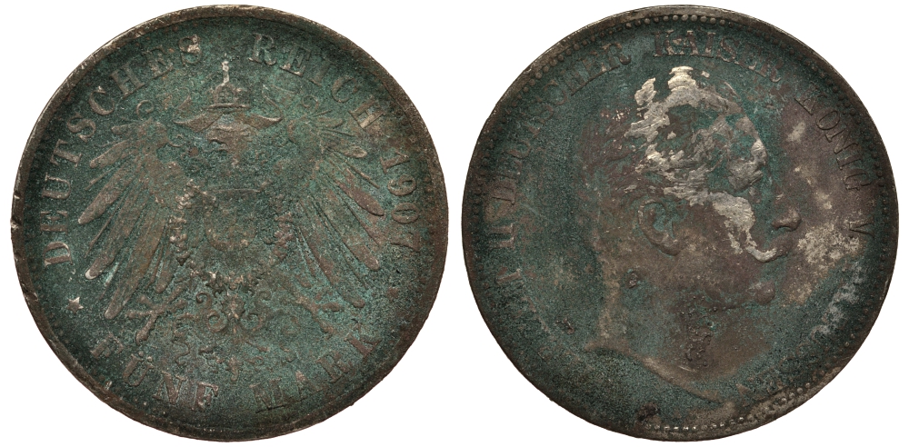 Пруссия 5 марок 1907 Вильгельм II (1888-1918) KM 523, J.104 серебро    3711-144