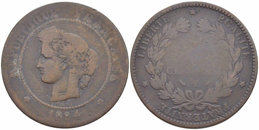 ФРАНЦИЯ 5 САНТИМОВ 1894 A, ТРЕТЬЯ РЕСПУБЛИКА (1871-1940) KM 821.1, LE FRANC 118.37 бронза 4448-151