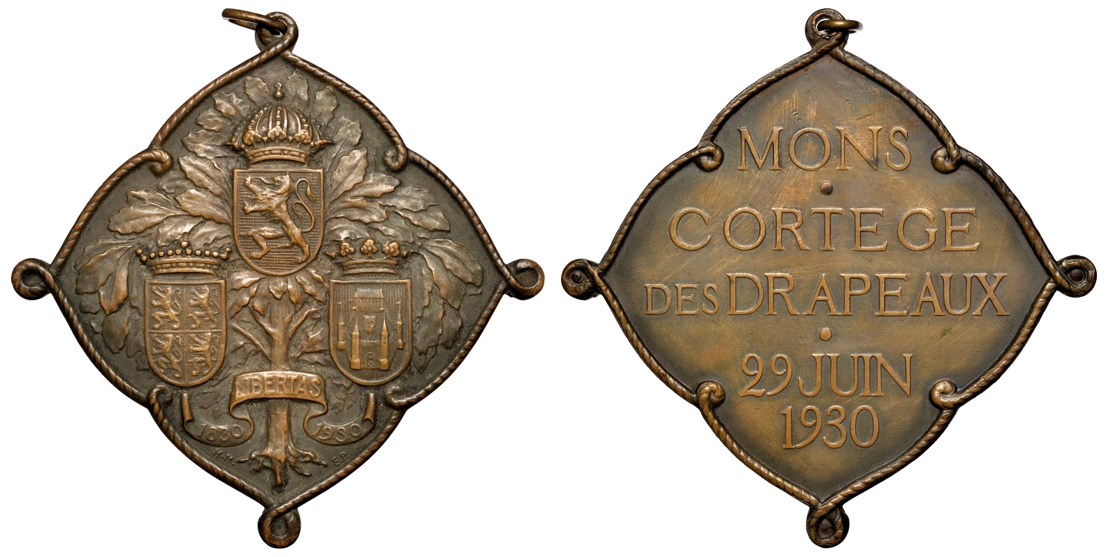 Бельгия плакетка 1930 город Монс 29 июня 1930 года 91,47 гр. размеры 80Х80 мм бронза 1069-8-32